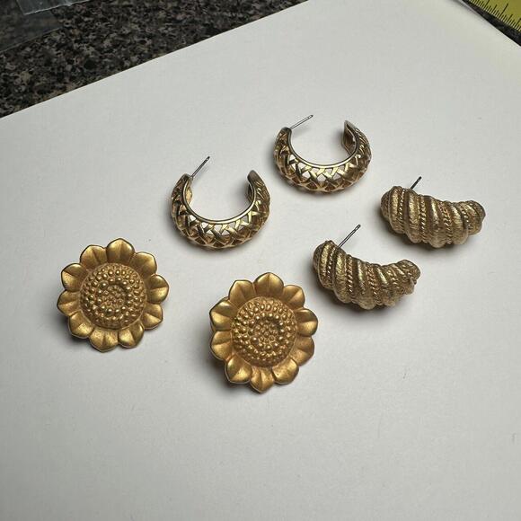 Matte Gold Tone Oversized Stud / Half Hoop Pierced Earrings Women’s Lot Of 3 - Picture 1 of 7